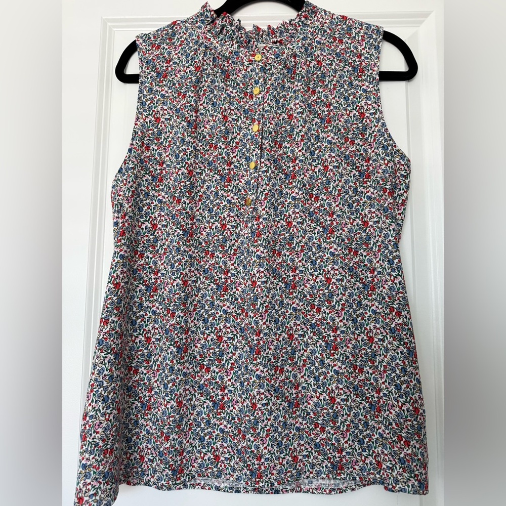 LOFT Sleeveless Floral Smocked Neck Top in Blue, Red and White